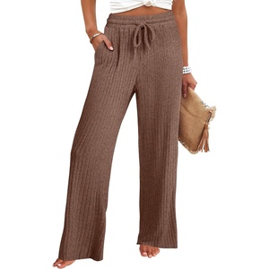 image:imageANRABESS Women Ribbed Knit Wide Leg Lounge Pajama Pants with PocketsDark Brown
