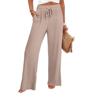 image:imageANRABESS Women Ribbed Knit Wide Leg Lounge Pajama Pants with PocketsTan