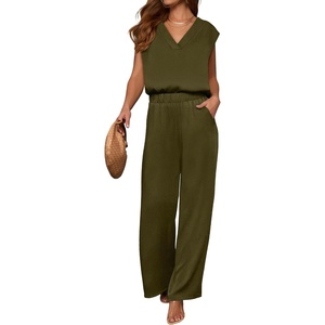 image:imageANRABESS Women Summer 2 Piece Outfits VNeck Top and Wide Leg Pants Set Comfy AllDay Wear for Lounge amp Daily Travel Sets Army Green Large