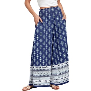 image:imageANRABESS Women Summer Casual Wide Leg Palazzo Pants with PocketsFloral Blue Diamond