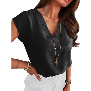 image:imageANRABESS Women Tops Business Casual Cap Sleeve Dressy Blouse V Neck ShirtsBlack