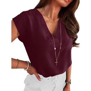 image:imageANRABESS Women Tops Business Casual Cap Sleeve Dressy Blouse V Neck ShirtsBurgundy