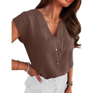 image:imageANRABESS Women Tops Business Casual Cap Sleeve Dressy Blouse V Neck ShirtsCoffee
