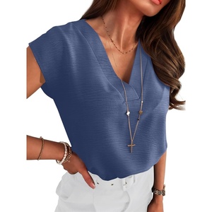 image:imageANRABESS Women Tops Business Casual Cap Sleeve Dressy Blouse V Neck ShirtsDark Blue