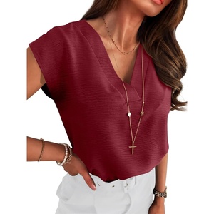 image:imageANRABESS Women Tops Business Casual Cap Sleeve Dressy Blouse V Neck ShirtsDark Red