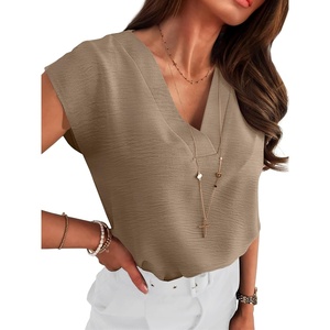 image:imageANRABESS Women Tops Business Casual Cap Sleeve Dressy Blouse V Neck ShirtsKhaki