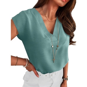 image:imageANRABESS Women Tops Business Casual Cap Sleeve Dressy Blouse V Neck ShirtsLake Blue
