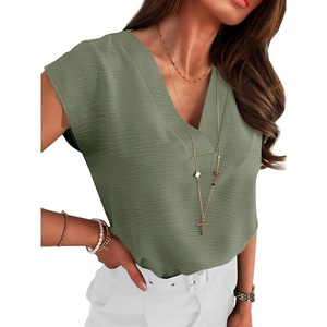 image:imageANRABESS Women Tops Business Casual Cap Sleeve Dressy Blouse V Neck ShirtsLight Green
