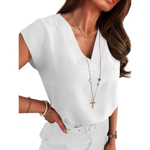 image:imageANRABESS Women Tops Business Casual Cap Sleeve Dressy Blouse V Neck ShirtsWhite