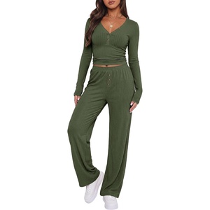 image:imageANRABESS Womens 2 Piece Lounge Henley Pajama Sets LoungewearArmy Green