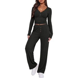image:imageANRABESS Womens 2 Piece Lounge Henley Pajama Sets LoungewearBlack