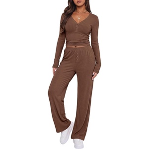 image:imageANRABESS Womens 2 Piece Lounge Henley Pajama Sets LoungewearBrown