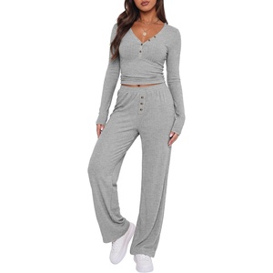 image:imageANRABESS Womens 2 Piece Lounge Henley Pajama Sets LoungewearGrey