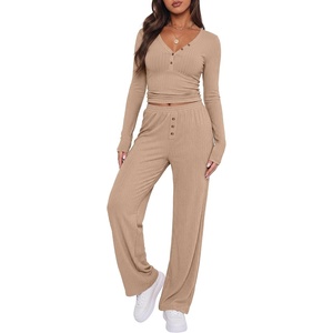 image:imageANRABESS Womens 2 Piece Lounge Henley Pajama Sets LoungewearKhaki
