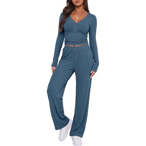 image:imageANRABESS Womens 2 Piece Lounge Henley Pajama Sets LoungewearNavy Blue