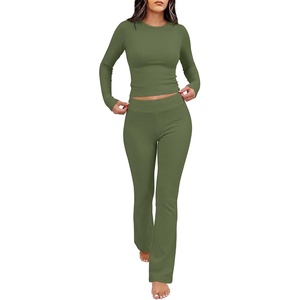 image:imageANRABESS Womens 2 Piece Lounge Sets Thermal Fleece Foldover Pants SetArmy Green