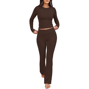 image:imageANRABESS Womens 2 Piece Lounge Sets Thermal Fleece Foldover Pants SetBrown