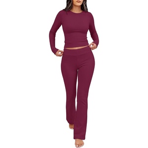 image:imageANRABESS Womens 2 Piece Lounge Sets Thermal Fleece Foldover Pants SetWine Red