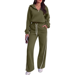image:imageANRABESS Womens 2 Piece Quarter Zip Fall Fleece Striped SweatsuitsArmy Green
