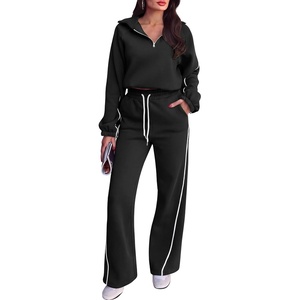 image:imageANRABESS Womens 2 Piece Quarter Zip Fall Fleece Striped SweatsuitsBlack