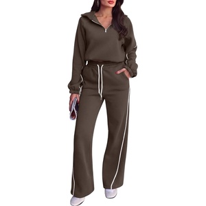 image:imageANRABESS Womens 2 Piece Quarter Zip Fall Fleece Striped SweatsuitsBrown