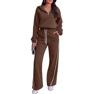 image:imageANRABESS Womens 2 Piece Quarter Zip Fall Fleece Striped SweatsuitsCoffee