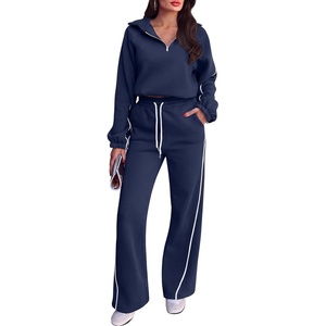 image:imageANRABESS Womens 2 Piece Quarter Zip Fall Fleece Striped SweatsuitsNavy Blue