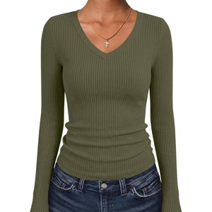 image:imageANRABESS Womens Long Sleeve Shirts VNeck Ribbed Kint Fall TopsArmy Green