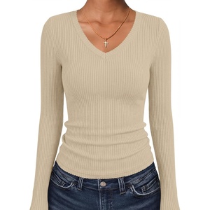 image:imageANRABESS Womens Long Sleeve Shirts VNeck Ribbed Kint Fall TopsBeige