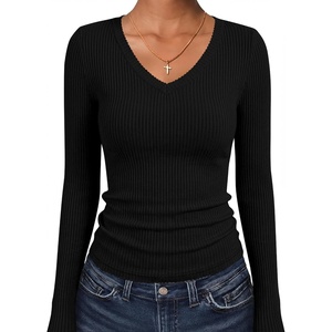image:imageANRABESS Womens Long Sleeve Shirts VNeck Ribbed Kint Fall TopsBlack