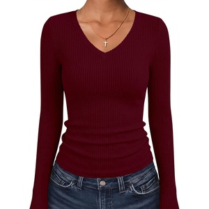 image:imageANRABESS Womens Long Sleeve Shirts VNeck Ribbed Kint Fall TopsBurgundy