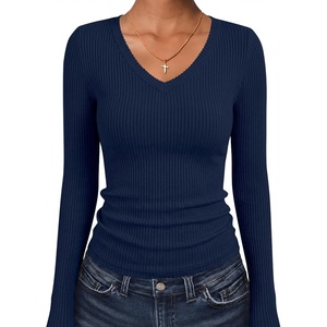 image:imageANRABESS Womens Long Sleeve Shirts VNeck Ribbed Kint Fall TopsNavy Blue