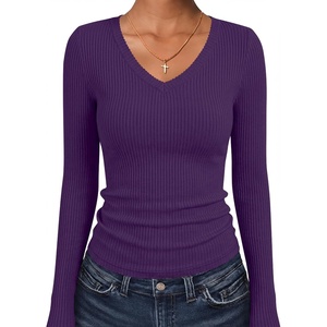 image:imageANRABESS Womens Long Sleeve Shirts VNeck Ribbed Kint Fall TopsPurple