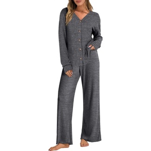 image:imageANRABESS Womens Lounge Set 2 Piece Pajama Sets Ribbed Knit Matching SetDeep Grey
