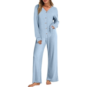 image:imageANRABESS Womens Lounge Set 2 Piece Pajama Sets Ribbed Knit Matching SetLight Blue