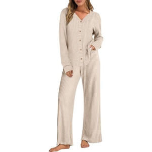 image:imageANRABESS Womens Lounge Set 2 Piece Pajama Sets Ribbed Knit Matching SetLight Khaki