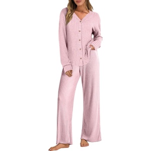 image:imageANRABESS Womens Lounge Set 2 Piece Pajama Sets Ribbed Knit Matching SetPink Yarrow