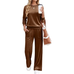 image:imageANRABESS Womens Lounge Sets 2 Piece Velour Sweatsuit TracksuitBrown