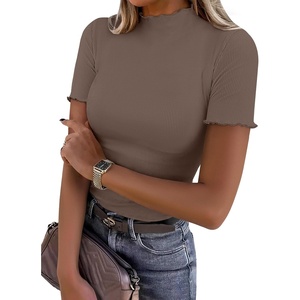 image:imageANRABESS Womens Mock Neck Tops Short Sleeve Fitted Summer Casual T ShirtsLight Brown