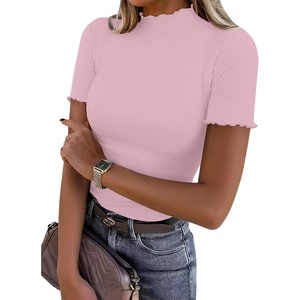 image:imageANRABESS Womens Mock Neck Tops Short Sleeve Fitted Summer Casual T ShirtsPink