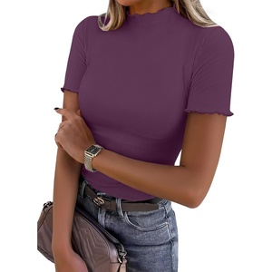 image:imageANRABESS Womens Mock Neck Tops Short Sleeve Fitted Summer Casual T ShirtsPurple