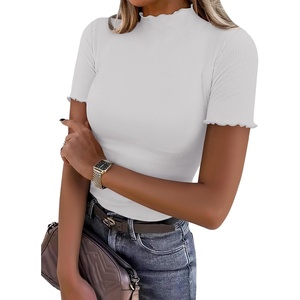 image:imageANRABESS Womens Mock Neck Tops Short Sleeve Fitted Summer Casual T ShirtsWhite