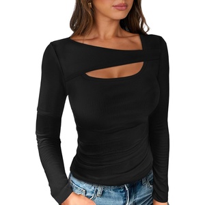 image:imageANRABESS Womens Ribbed Cutout Long Sleeve Shirts Slim Fit Going Out TopsBlack