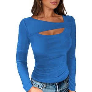 image:imageANRABESS Womens Ribbed Cutout Long Sleeve Shirts Slim Fit Going Out TopsBlue