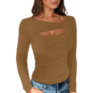 image:imageANRABESS Womens Ribbed Cutout Long Sleeve Shirts Slim Fit Going Out TopsLight Brown