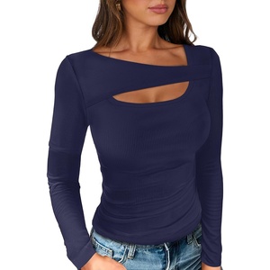 image:imageANRABESS Womens Ribbed Cutout Long Sleeve Shirts Slim Fit Going Out TopsNavy Blue