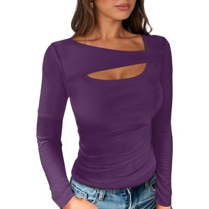 image:imageANRABESS Womens Ribbed Cutout Long Sleeve Shirts Slim Fit Going Out TopsPurple