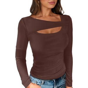 image:imageANRABESS Womens Ribbed Cutout Long Sleeve Shirts Slim Fit Going Out TopsRed Brown