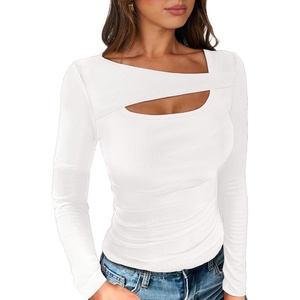 image:imageANRABESS Womens Ribbed Cutout Long Sleeve Shirts Slim Fit Going Out TopsWhite