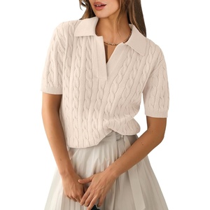image:imageANRABESS Womens Short Sleeve Cable Knit Polo Sweaters Summer Fall OutfitsBeige